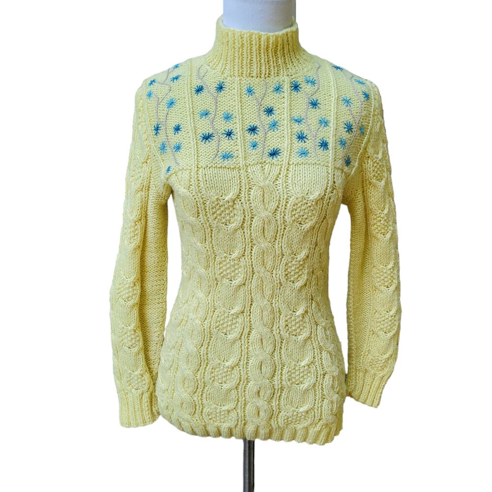 Vintage Handmade Yellow Sweater Blue Embroidered Flowers Mock Neck Fits and XS